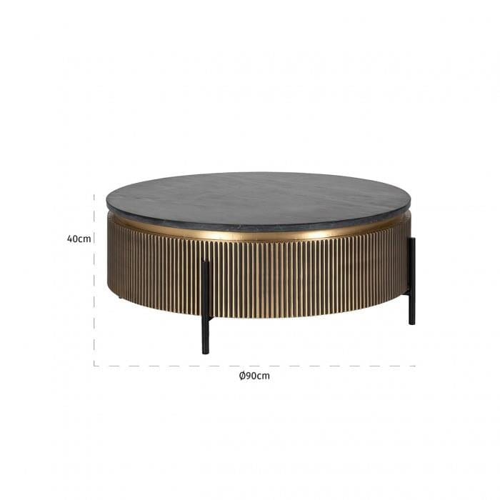 Quatropi Quatropi Gold Metal Drum Coffee Table - 90cm Round Premium Black Marble Top - Ironville