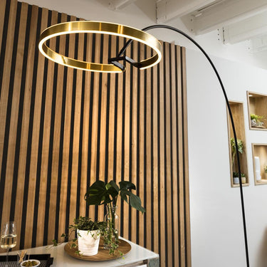 Quatropi Quatropi Large Arc Overreach Floor Lamp - Black Curved Stemp, Gold LED Ring
