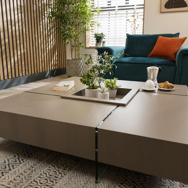 Quatropi Quatropi Large Square Modern Coffee Table Glass Legs Matte Grey Taupe 120cm
