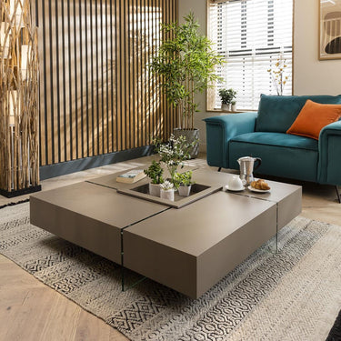 Quatropi Quatropi Large Square Modern Coffee Table Glass Legs Matte Grey Taupe 120cm