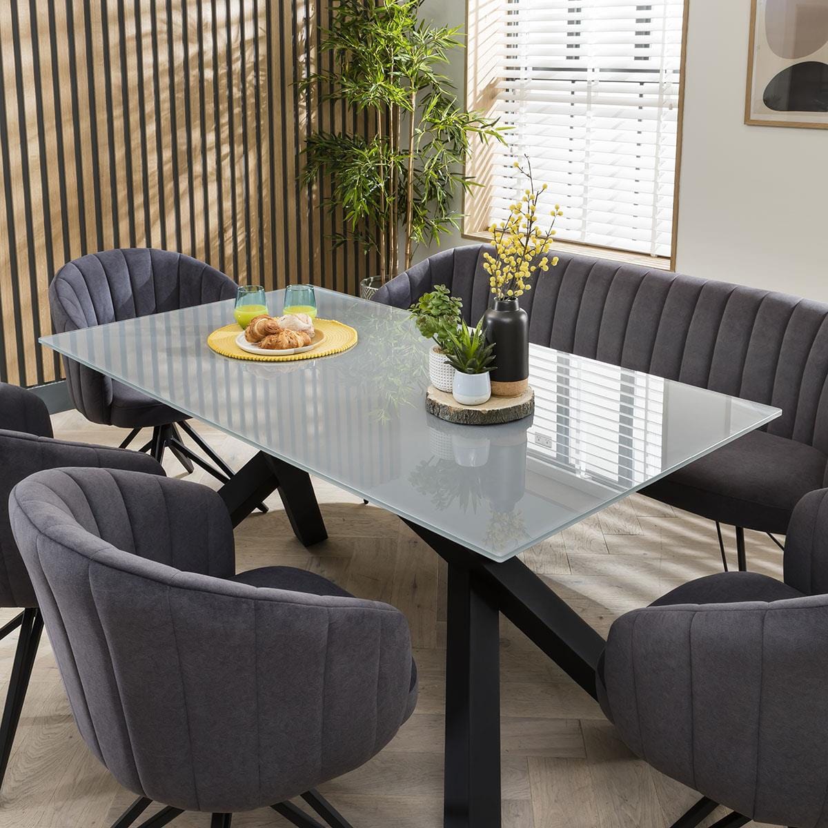 Quatropi Quatropi Modern 6 Seater Glass Dining Table And Bench Set - Grey Blue