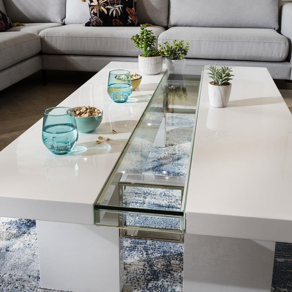 Quatropi Modern Coffee Table High Gloss White Glass Strip 140x80cm