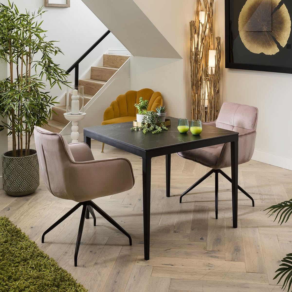 Quatropi Quatropi Modern Small Dining Table And 2 Pink Chairs - Black Ceramic Marble Table