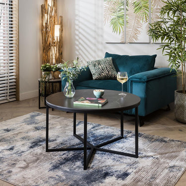 Quatropi Quatropi Round Coffee Table Modern Black Marble-Effect Ceramic Top 90cm