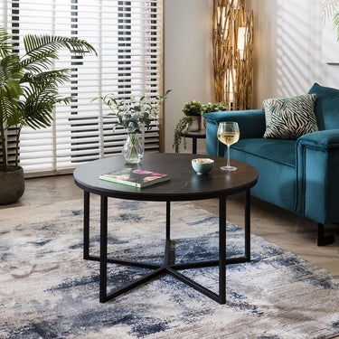 Quatropi Quatropi Round Coffee Table Modern Black Marble-Effect Ceramic Top 90cm