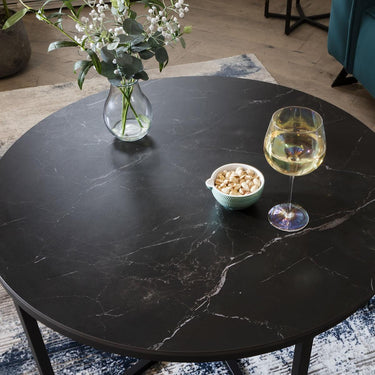 Quatropi Quatropi Round Coffee Table Modern Black Marble-Effect Ceramic Top 90cm