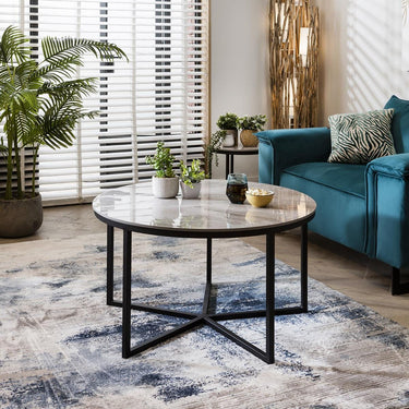 Quatropi Quatropi Round Coffee Table Modern Grey Marble-Effect Ceramic Top 90cm