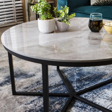 Quatropi Quatropi Round Coffee Table Modern Grey Marble-Effect Ceramic Top 90cm