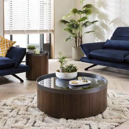 Quatropi Round Coffee Table Ø 90cm Brown Walnut - Metal Ring Accent, Low Design