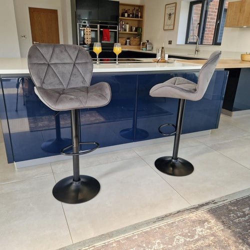 Quatropi Set of 2 Modern Kitchen Bar Stools - Grey Velvet - Adjustable Seat Height