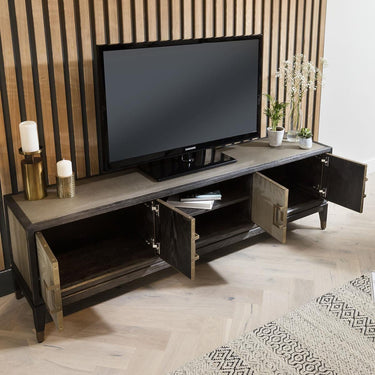 Quatropi Quatropi Shagreen TV Stand 185cm Gold - Black Oak Unit, 4 Doors, Open Storage
