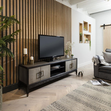 Quatropi Quatropi Shagreen TV Stand 185cm Gold - Black Oak Unit, 4 Doors, Open Storage