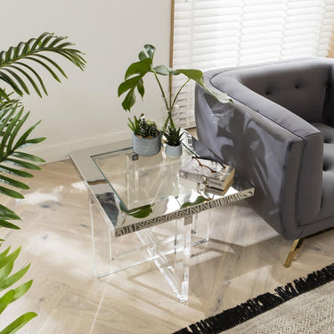 Quatropi Quatropi Side Table Clear Glass & Polished Metal Frame on Acrylic Legs