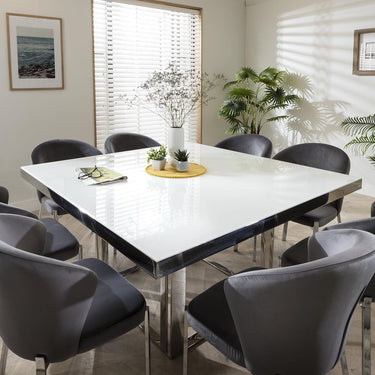 Quatropi Quatropi Square Dining Table 150cm White Gloss - Glass Top & Silver Metal Legs