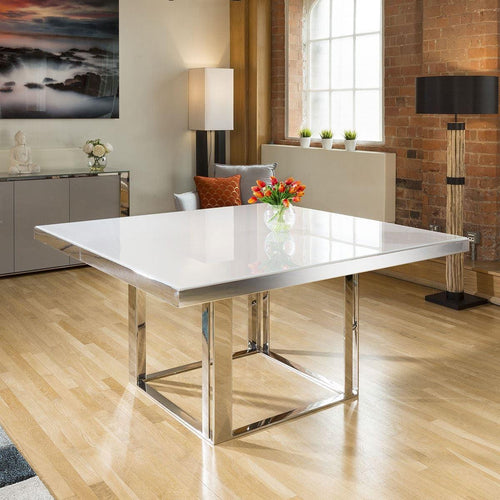 Quatropi Square Dining Table 150cm White Gloss - Glass Top & Silver Metal Legs