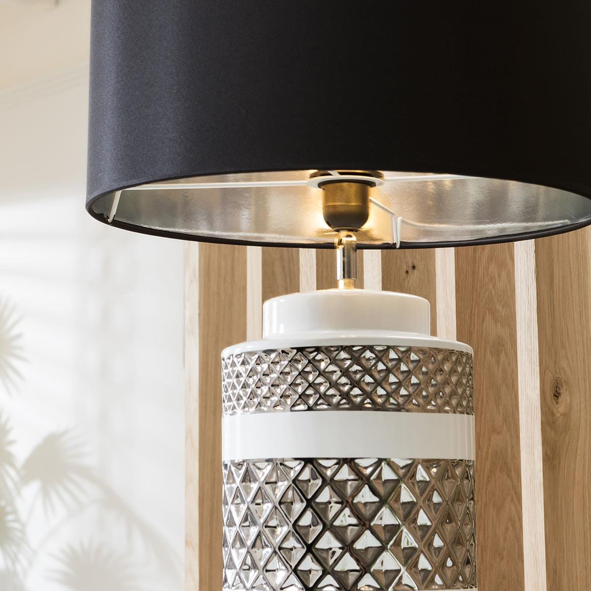 Quatropi Quatropi Table Lamp 64cm Tall - Black Drum Shade, White & Silver Detailing