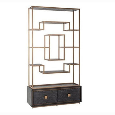 Quatropi Quatropi Tall Shelving Unit With Drawers Black Oak Gold Stainless Steel 2200mm