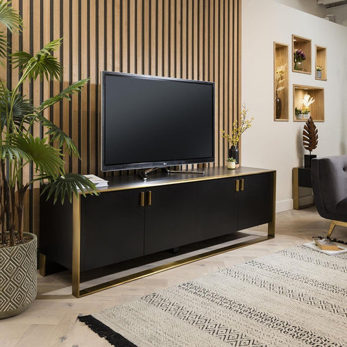 Quatropi TV Cabinet 200cm Matte Black with Brass Frame & Black Ceramic Top