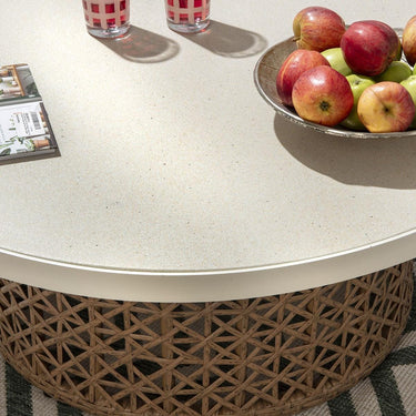 Quatropi Rhonda Outdoor Garden Round Rattan Coffee Table Glass Stone 90cm