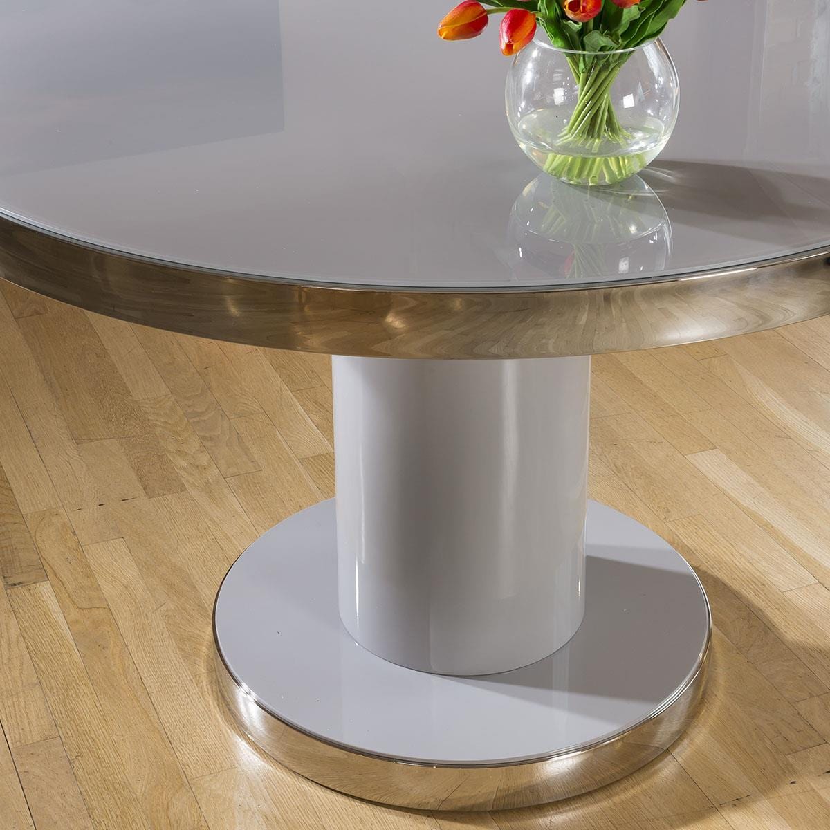 Quatropi Round 1200mm Dining Table Grey Gloss Base Glass Top & Polished Steel