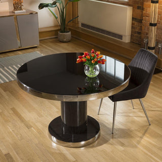 Quatropi Round 1200mm Dining Table Smoked Oak Base Glass Top & Polished Steel