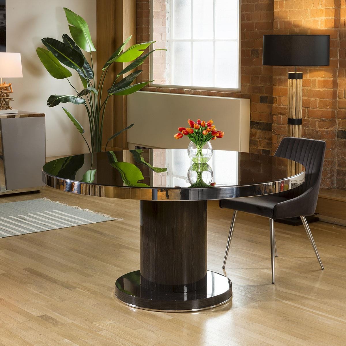 Quatropi Round 1500mm Dining Table Smoked Oak Base Glass Top & Polished Steel