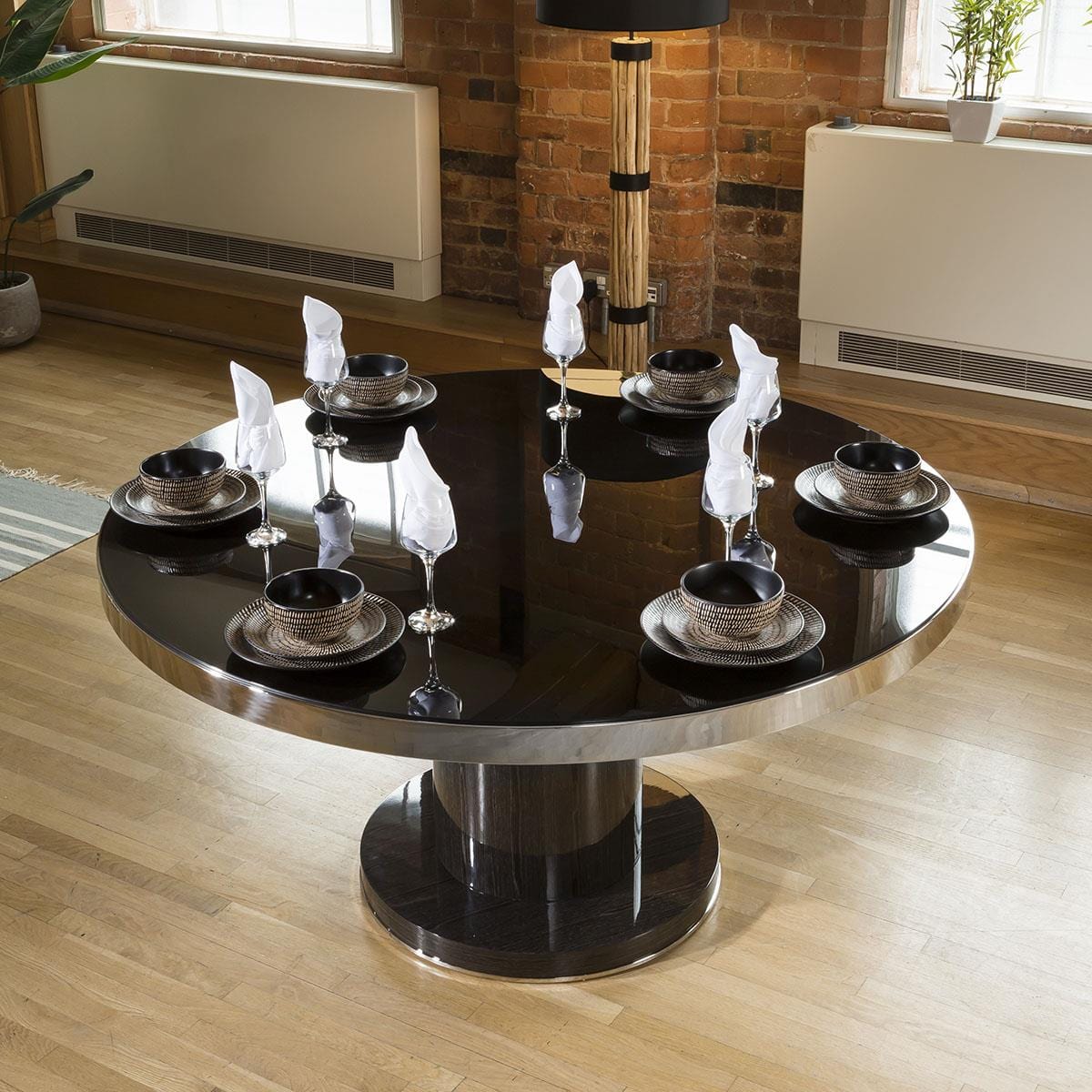 Quatropi Round 1500mm Dining Table Smoked Oak Base Glass Top & Polished Steel