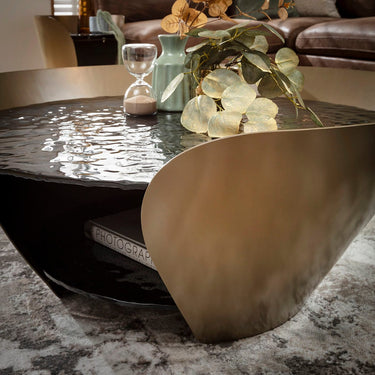 Quatropi Round Black Glass Coffee Table with Gold Frame Modern Black and Gold Design 100cm