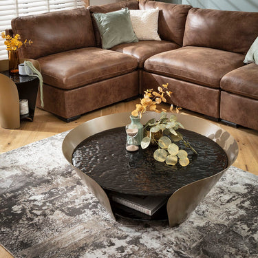 Quatropi Round Black Glass Coffee Table with Gold Frame Modern Black and Gold Design 100cm