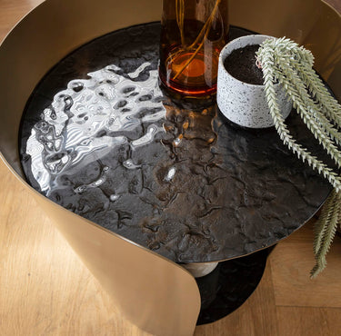 Quatropi Round Black Glass Lamp Side Table with Gold Frame Modern Black and Gold 50cm