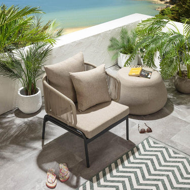 Quatropi Round Garden Patio Footstool Pouf Modern Outdoor Beige Fabric 70cm 