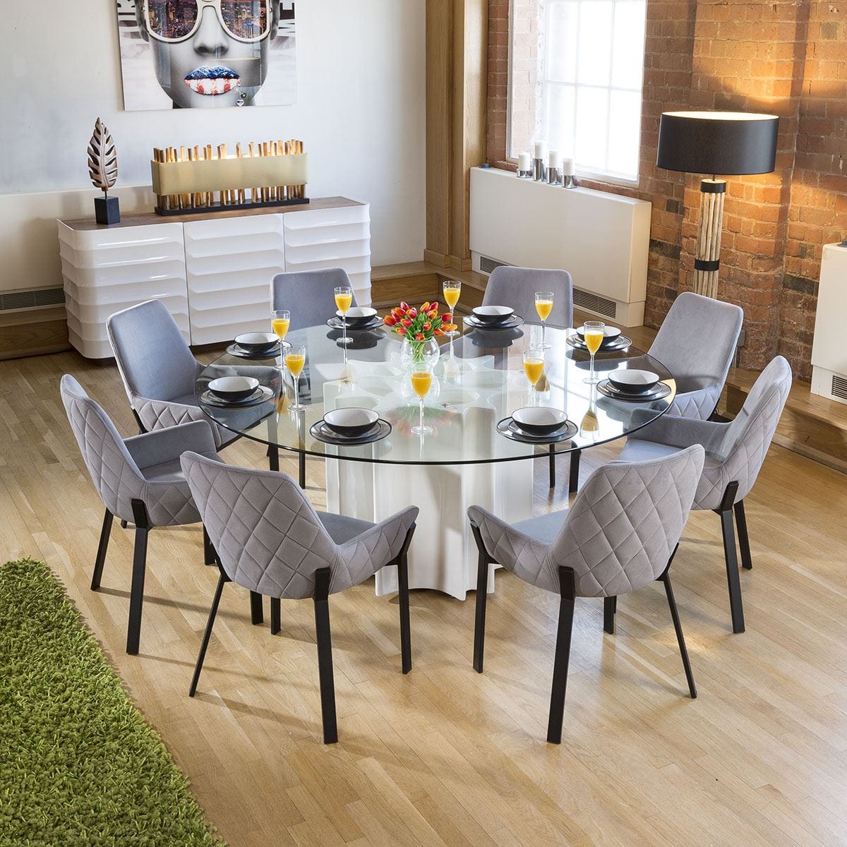 Quatropi Round Glass Top White Gloss Dining Table + 8 Light Grey Carver Chair