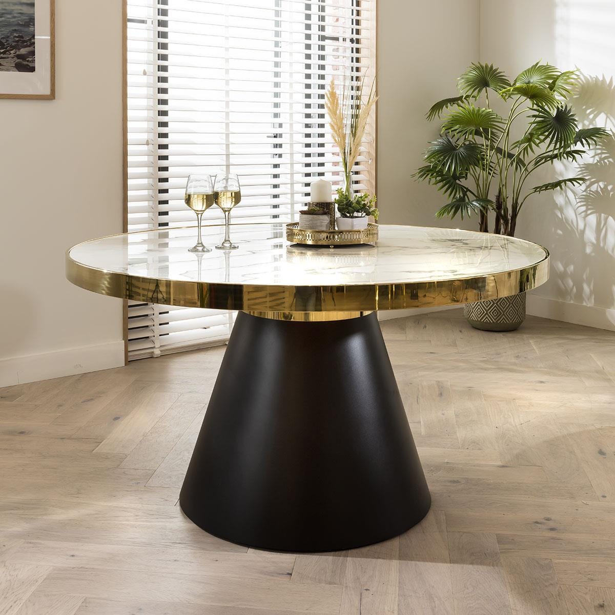 Quatropi Round Marble Dining Table & Cream Velvet Chairs - 6 Seater Dining Set