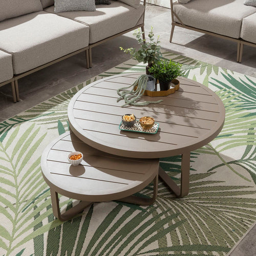 Cleo Round Nesting Outdoor Garden Coffee Table Set Beige Aluminium 102cm & 68cm