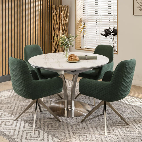Emma 4 Seater Ceramic Extendable Dining Set White & Green Swivel