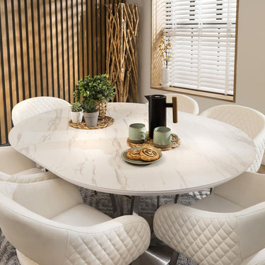 Quatropi Round Oval Ceramic Extending 6 Seat Dining Set White Leather 120-160cm