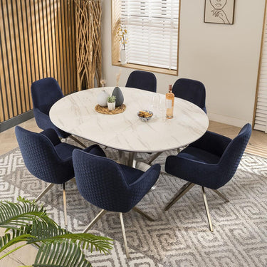 Quatropi Round Oval Ceramic Extending 6 Seater Dining Set White Blue 120-160cm