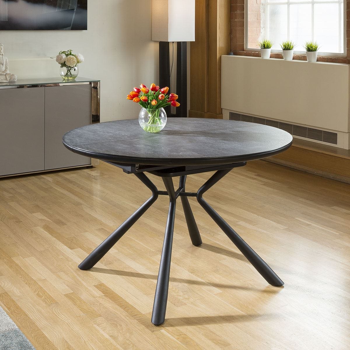 Quatropi Round Slate Effect Melamine Dining Table Extends +4 Grey Carver Chairs