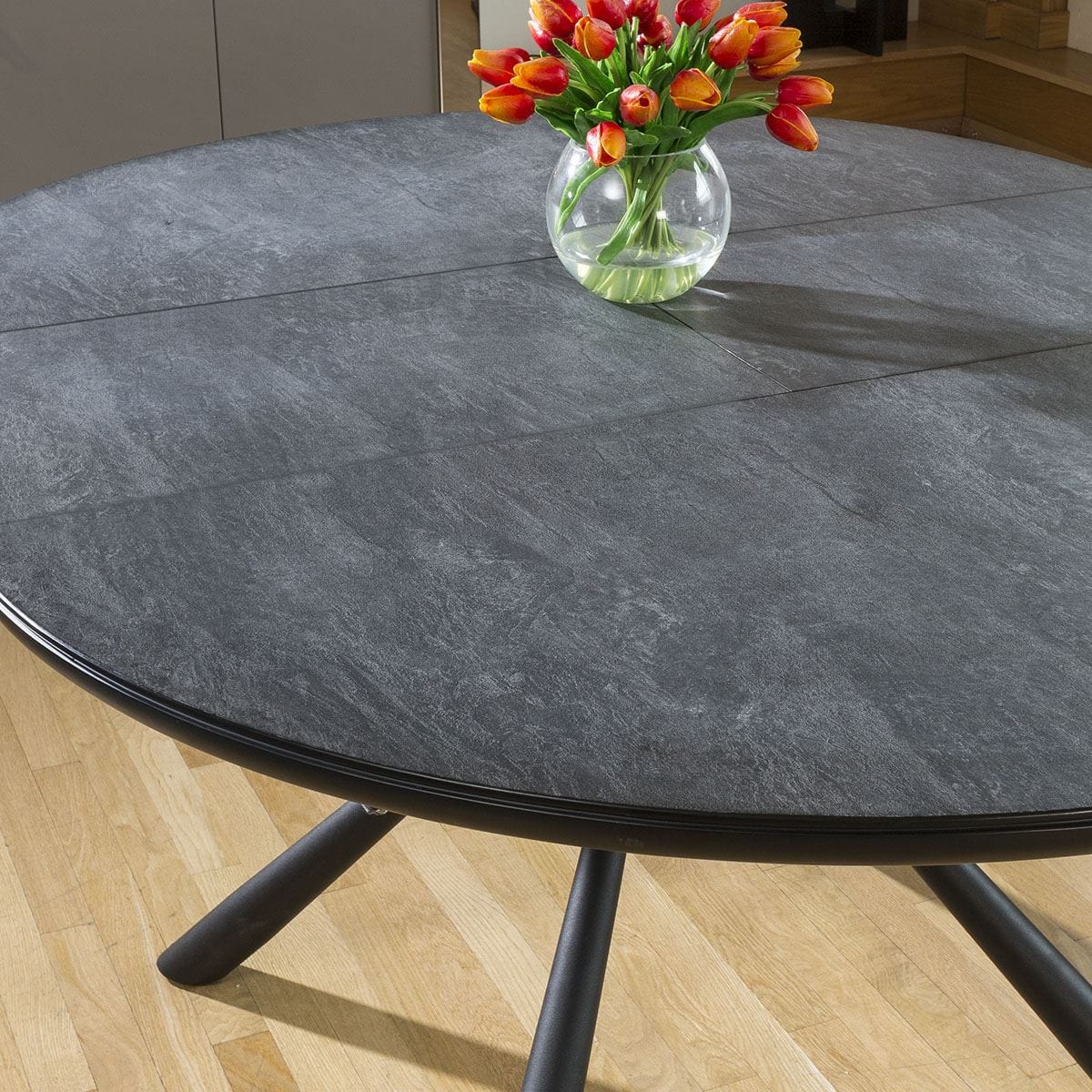 Quatropi Round Slate Effect Melamine Dining Table Extends +6 Grey Fabric Chairs