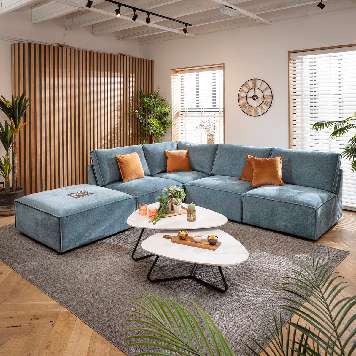 Modern L-Shape Corner Sofa 4 Seater Modular Settee Aqua Blue Fabric ...