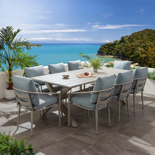 Mia & Saturn 8 Seater Outdoor Garden Dining Set Sky Blue & Almond Grey