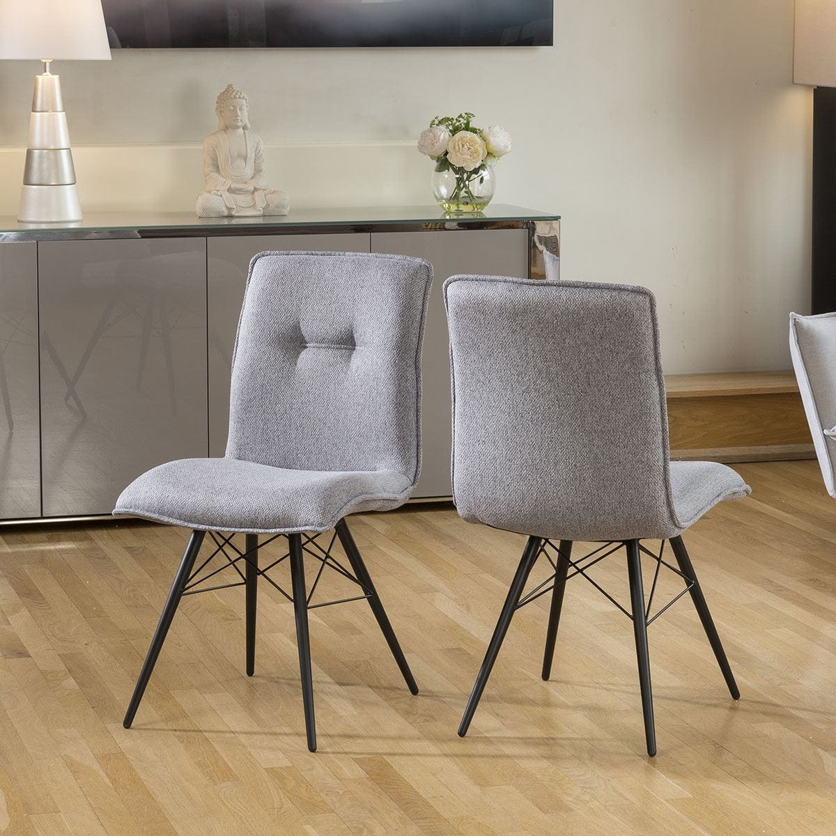 Quatropi Set of 2 Dining Chairs Light Grey Fabric Black Powder Coated Legs 9137