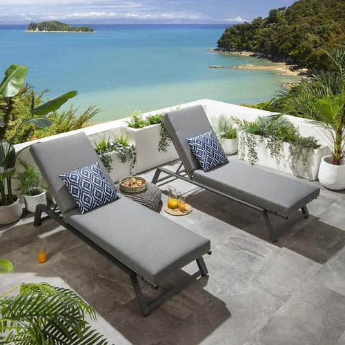 Set of 2 Cayman Outdoor Garden Cushioned Sun Loungers Grey 196x70cm