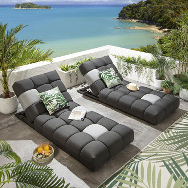 Quatropi Set of 2 Garden Cushioned Sun Loungers Grey Sunbrella Outdoor Fabric