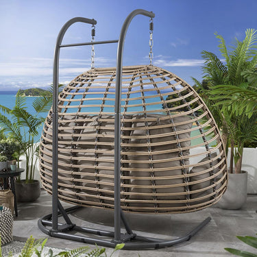 Quatropi Set of 2 Garden Egg Chairs Bamboo Single & Hammock Hanging Chair Beige