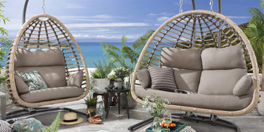 Quatropi Set of 2 Garden Egg Chairs - Outdoor Bamboo Single & Double Chair Beige