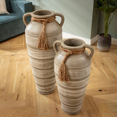 Quatropi Set of 2 Large Floor Standing Decorative Indoor Pots Vases Grey Stripe