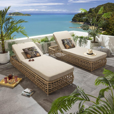Quatropi Set of 2 Luxury Outdoor Garden Cushioned Rattan Sun Lounger Beige 206cm