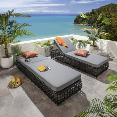 Quatropi Set of 2 Luxury Outdoor Garden Cushioned Rattan Sun Lounger Grey 206cm