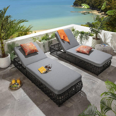 Quatropi Set of 2 Luxury Outdoor Garden Cushioned Rattan Sun Lounger Grey 206cm